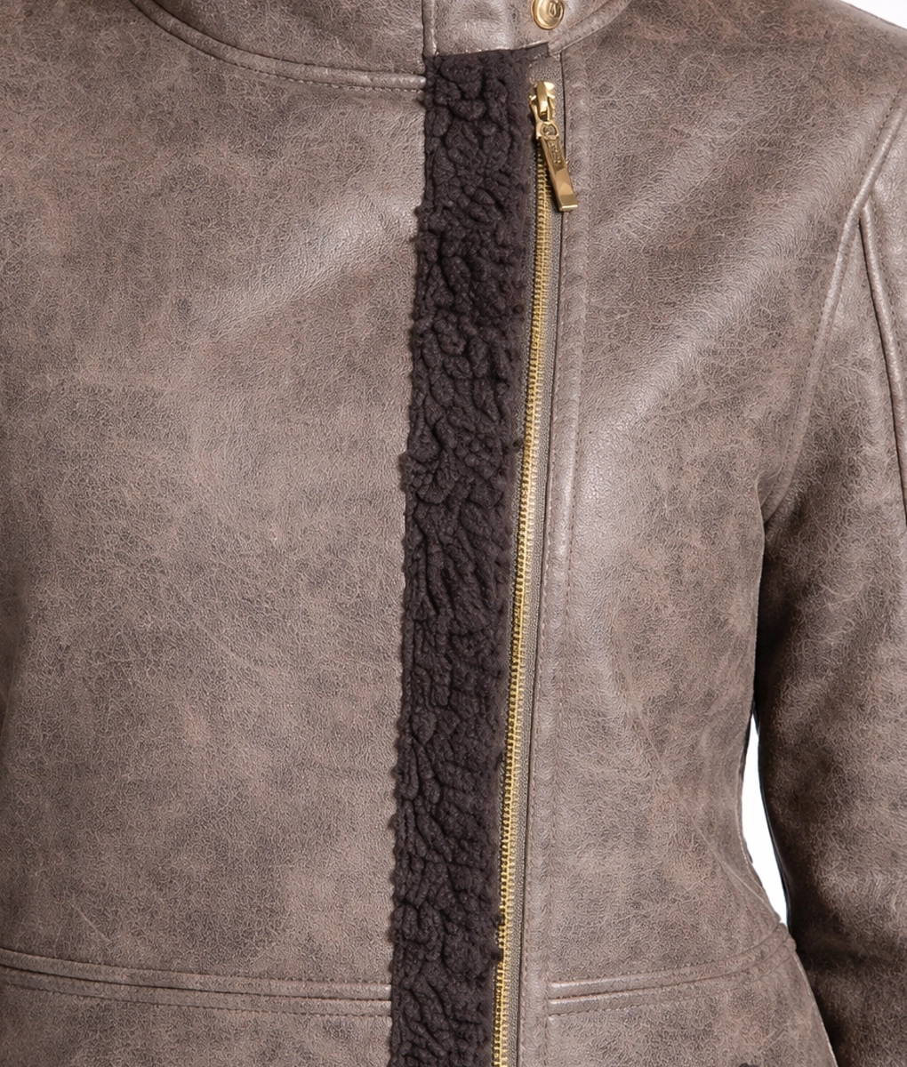 Emaya Brown Aviator Shearling Coat - Closer View
