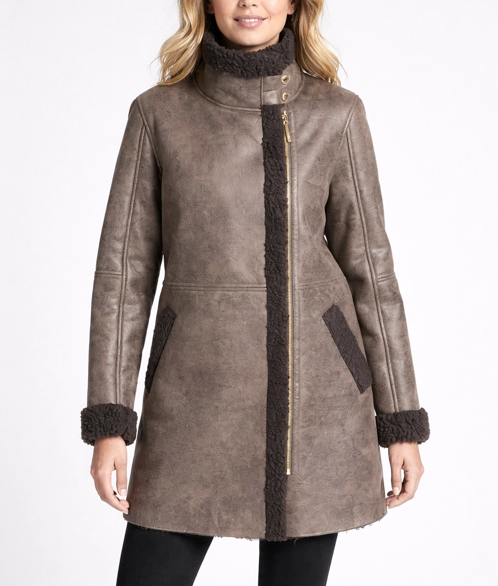 Emaya Brown Aviator Shearling Coat - Front View