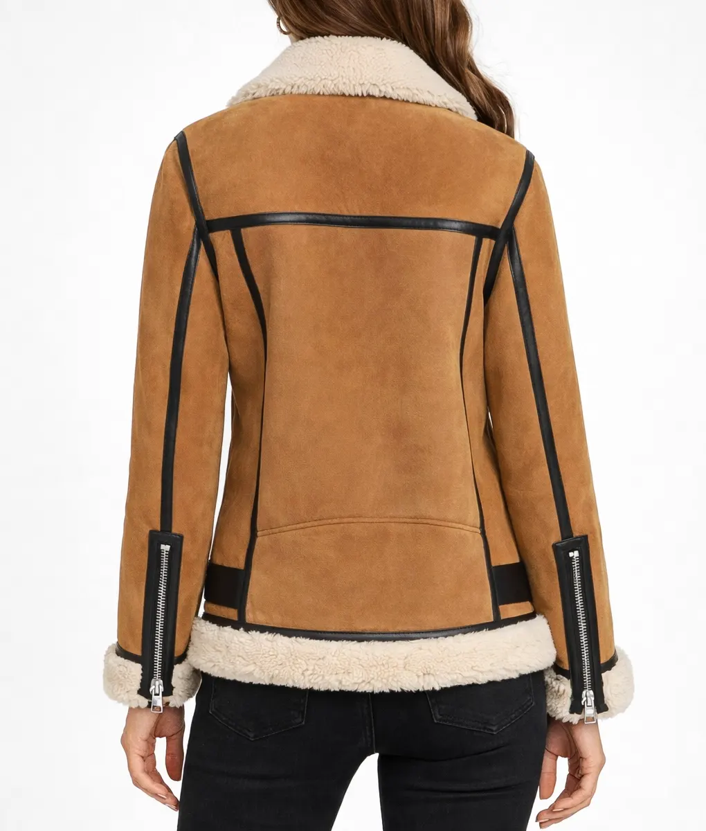 Haydu Brown Suede Leather Shearling Jacket - Back