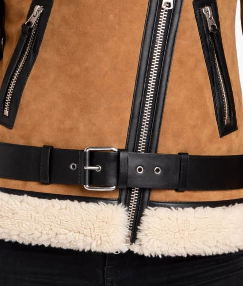 Haydu Brown Suede Leather Shearling Jacket - Closure