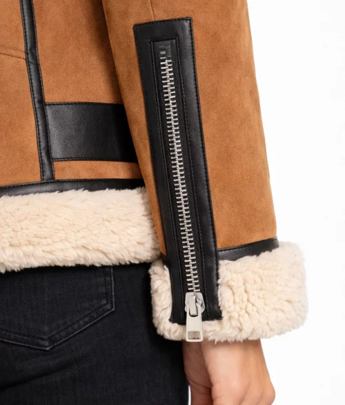 Haydu Brown Suede Leather Shearling Jacket - Cuffs