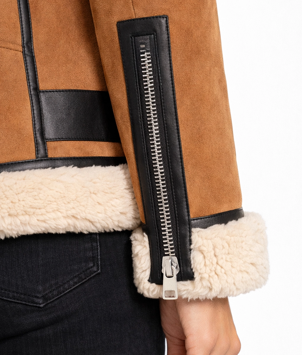 Haydu Brown Suede Leather Shearling Jacket - Cuffs