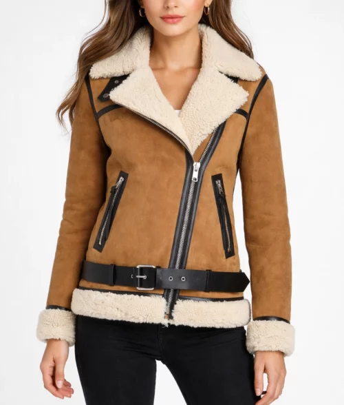 Haydu Brown Suede Leather Shearling Jacket - Front