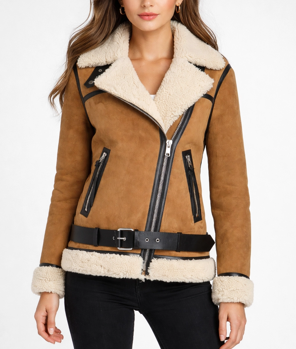 Haydu Brown Suede Leather Shearling Jacket - Front