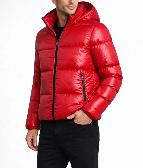 Lawson Men's Red Leather Hooded Puffer Jacket | Men's Red Leather Hooded Puffer Jacket-3