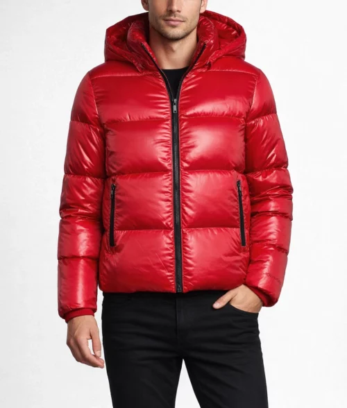 Lawson Men's Red Leather Hooded Puffer Jacket | Men's Red Leather Hooded Puffer Jacket-1