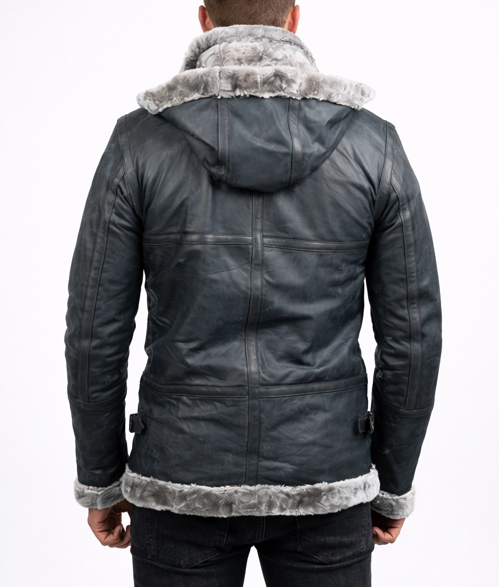Men's Grey Shearling Jacket With Hood - Back
