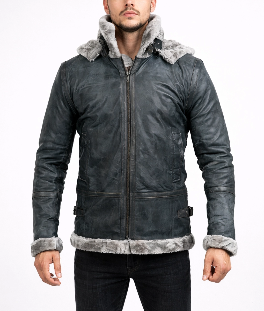 Men's Grey Shearling Jacket With Hood - Front