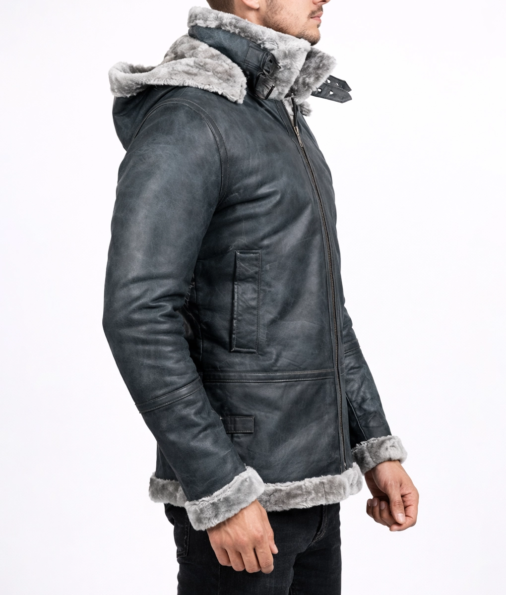 Men's Grey Shearling Jacket With Hood - Side