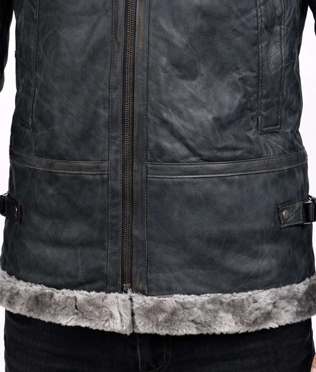 Men's Grey Shearling Jacket With Hood - Zoom