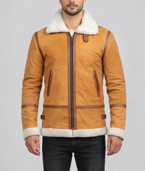 Men's Light Brown Shearling Jacket - Front