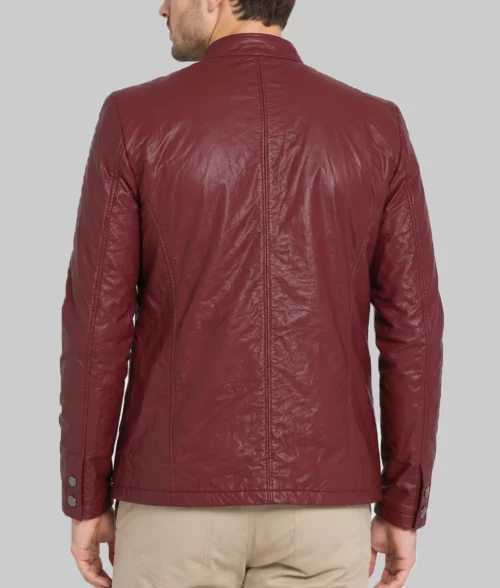 Men&rsquo;s Maroon Faux Leather Jacket - Back