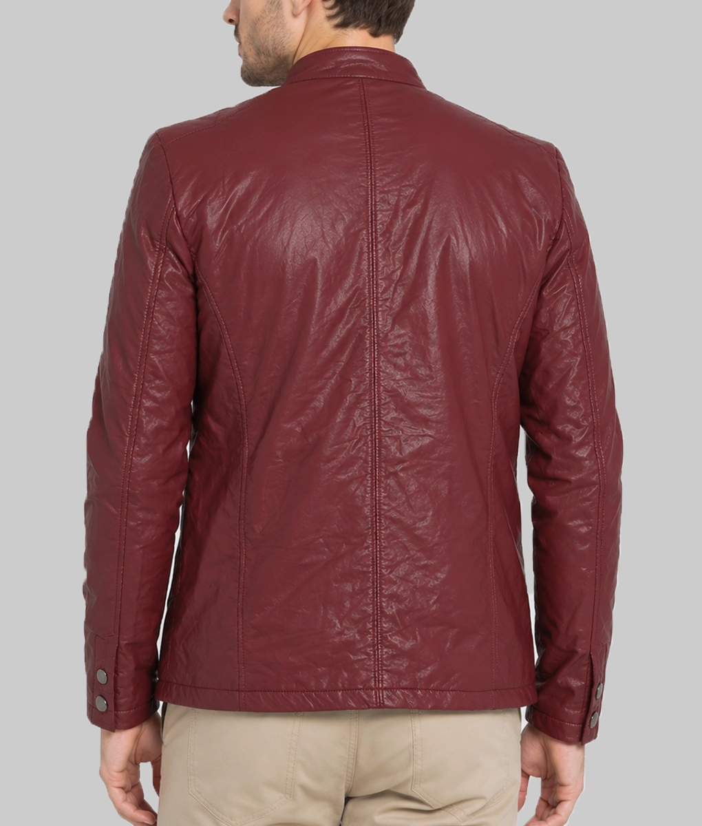 Men&rsquo;s Maroon Faux Leather Jacket - Back