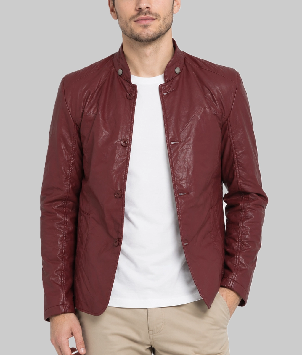 Men&rsquo;s Maroon Faux Leather Jacket - Front