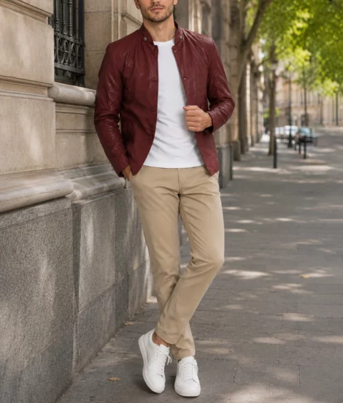 Men&rsquo;s Maroon Faux Leather Jacket - Full