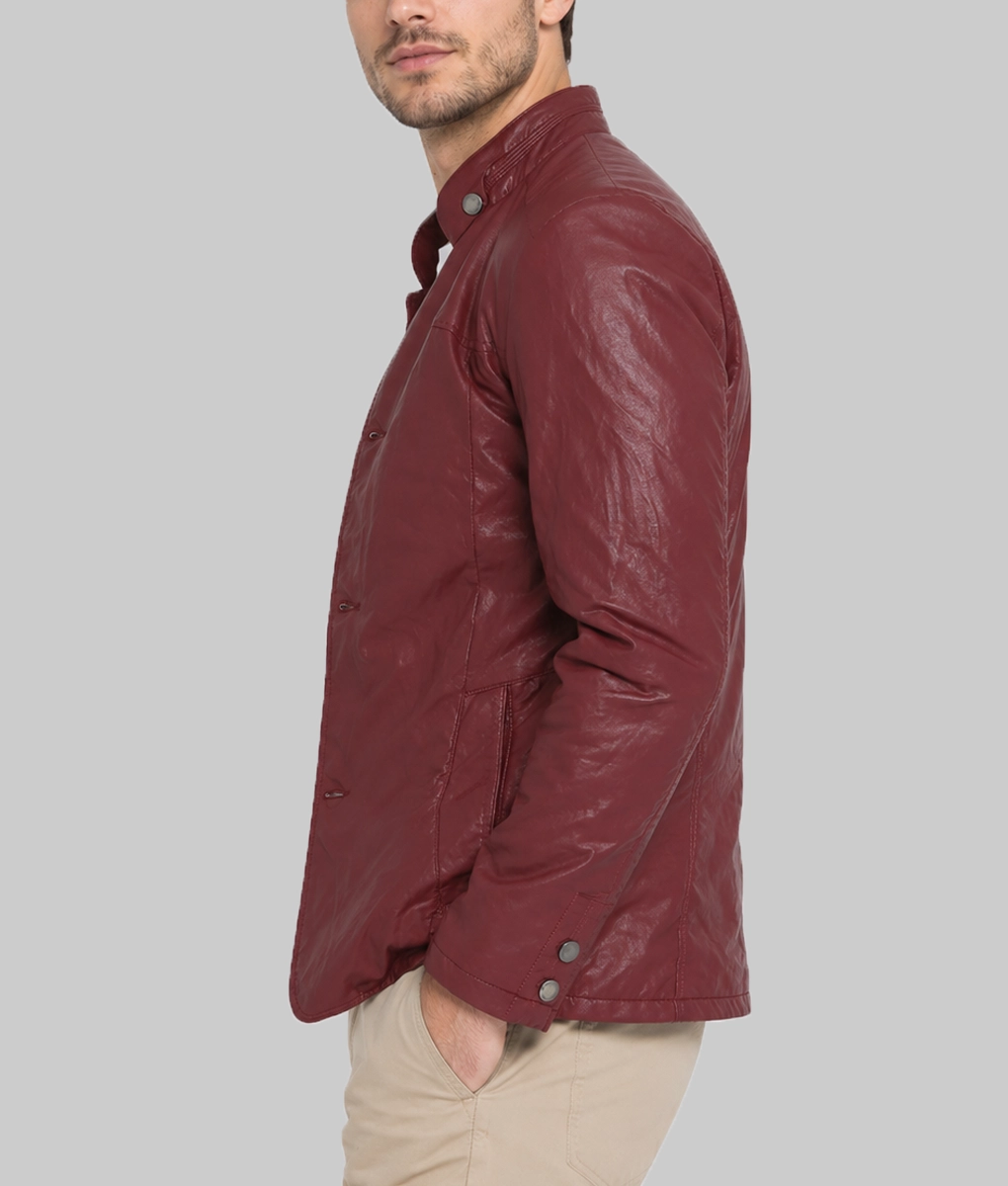 Men&rsquo;s Maroon Faux Leather Jacket - Side