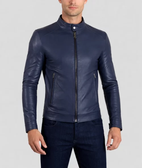 Men's Skinny Slim Café Racer Jacket | Men's Slim Blue Café Racer Jacket-2