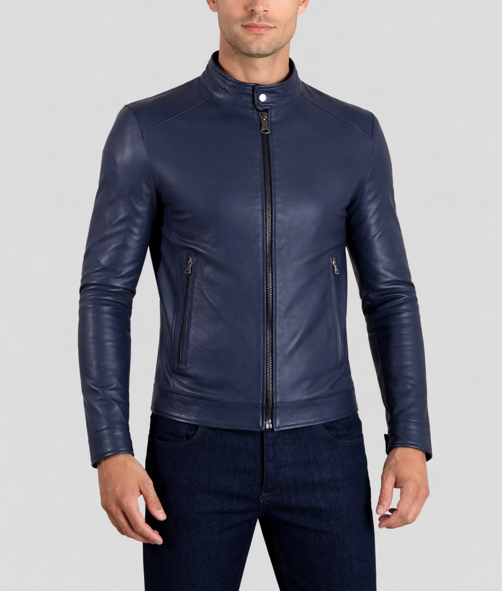 Men's Skinny Slim Caf&eacute; Racer Jacket | Men's Slim Blue Caf&eacute; Racer Jacket-2