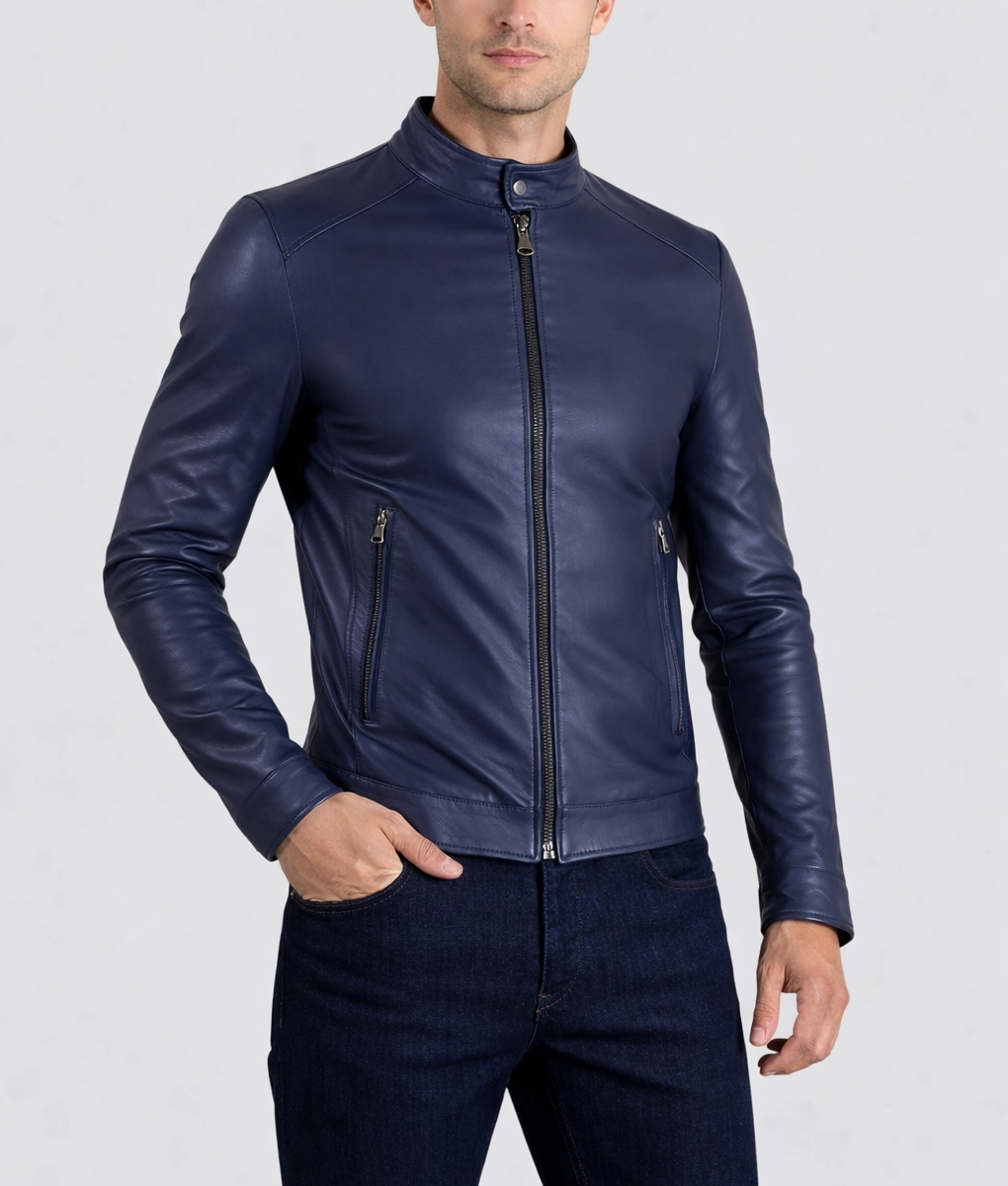 Men's Skinny Slim Caf&eacute; Racer Jacket | Men's Slim Blue Caf&eacute; Racer Jacket-3