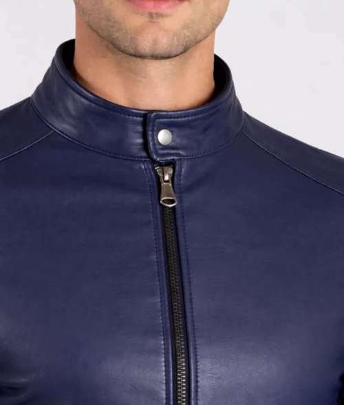 Men's Skinny Slim Caf&eacute; Racer Jacket | Men's Slim Blue Caf&eacute; Racer Jacket-1