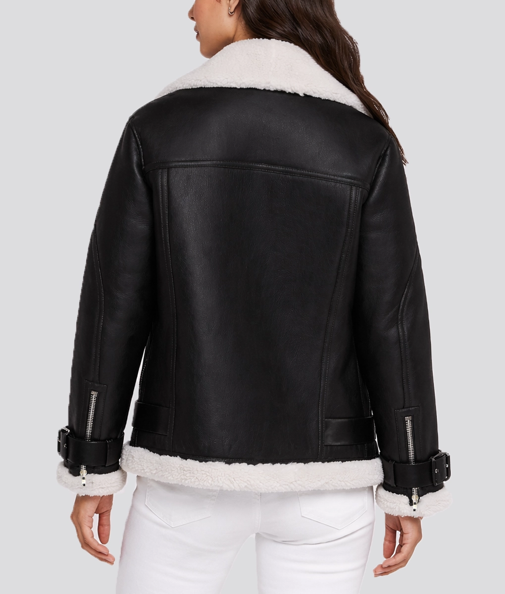 Patty Black Shearling Leather Jacket - Back