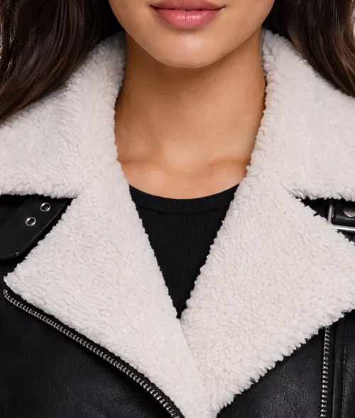 Patty Black Shearling Leather Jacket - Collar Front