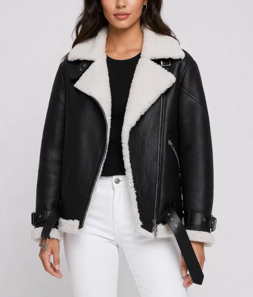Patty Black Shearling Leather Jacket - Front