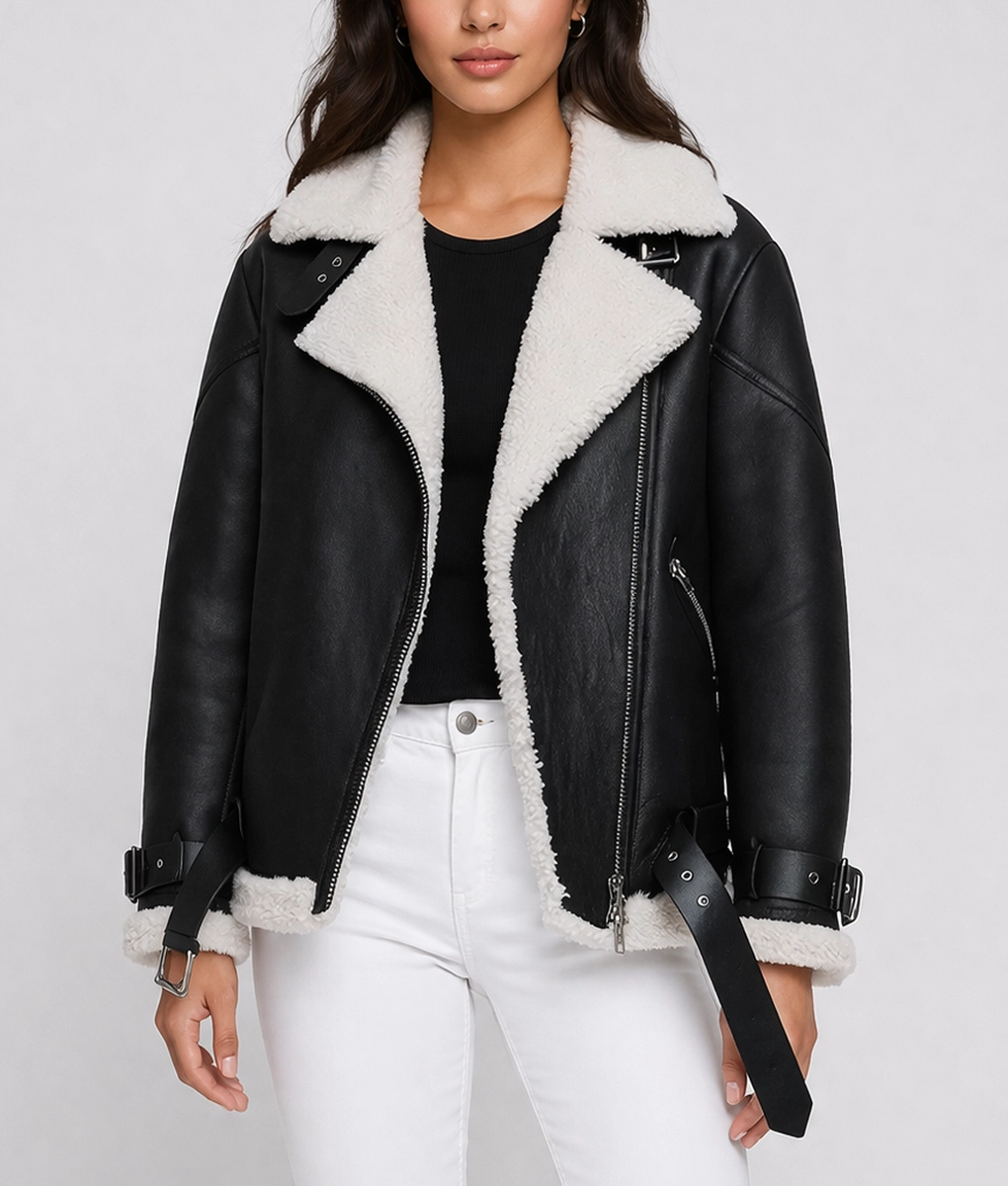 Patty Black Shearling Leather Jacket - Front