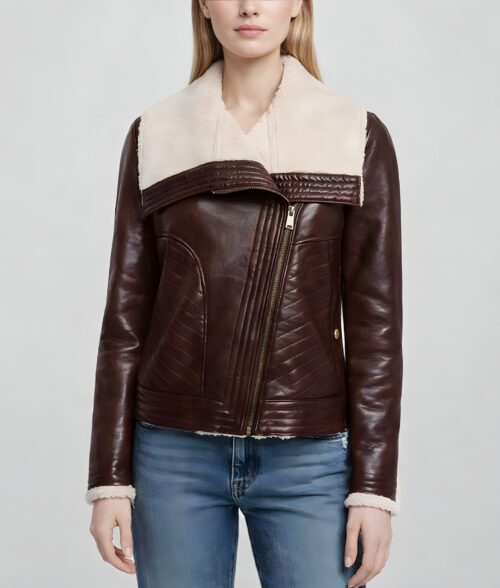 Women’s Moto Faux Shearling Leather Jacket - Front