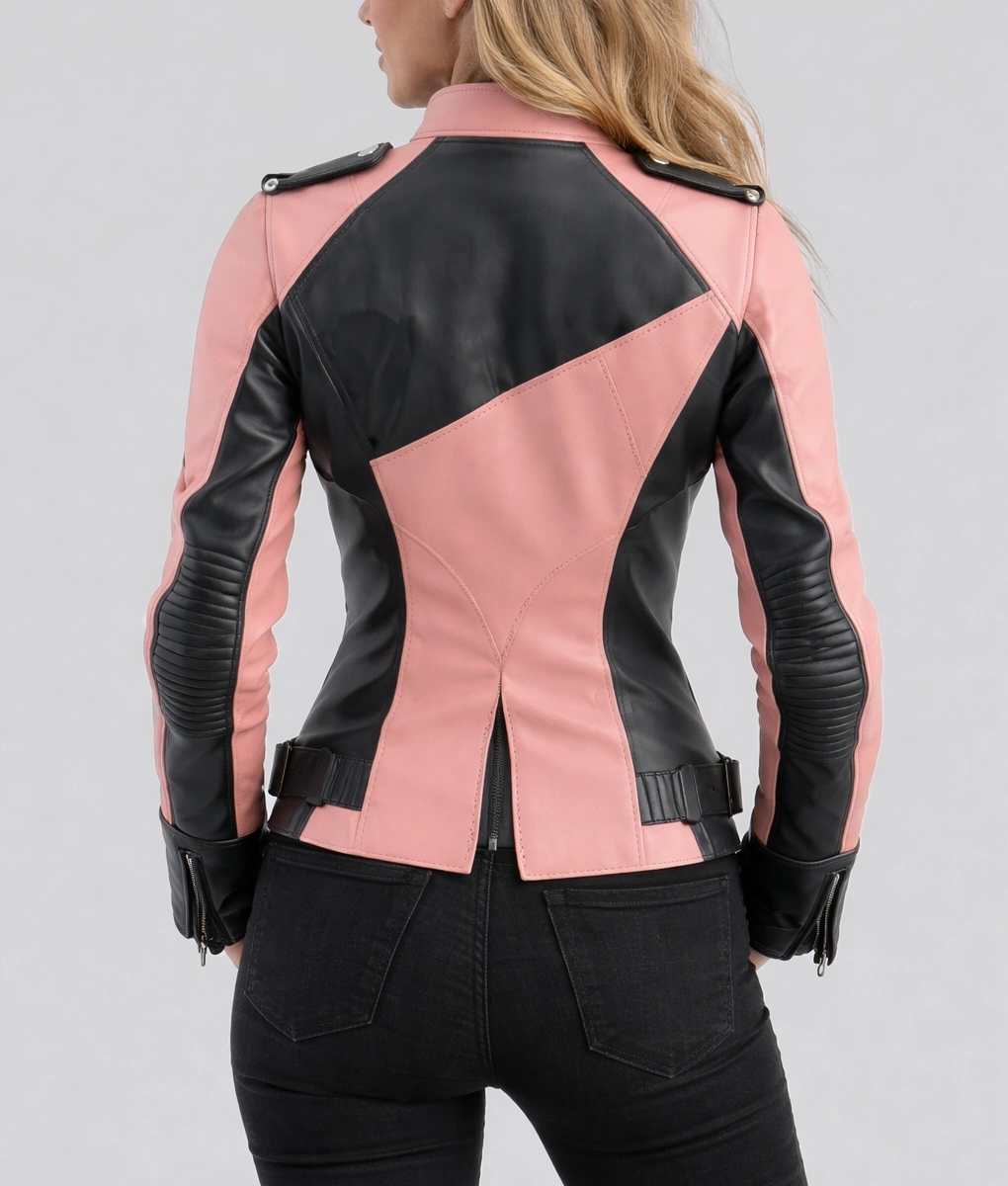 Eleanora Women's Color Block Biker Leather Jacket - Back View