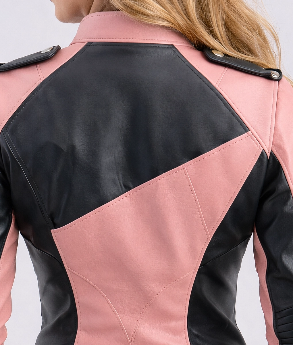 Eleanora Women's Color Block Biker Leather Jacket - Back Zoom View