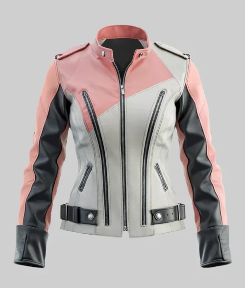 Eleanora Women's Color Block Biker Leather Jacket - Front