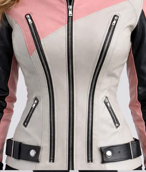 Eleanora Women's Color Block Biker Leather Jacket - Front Zoom View