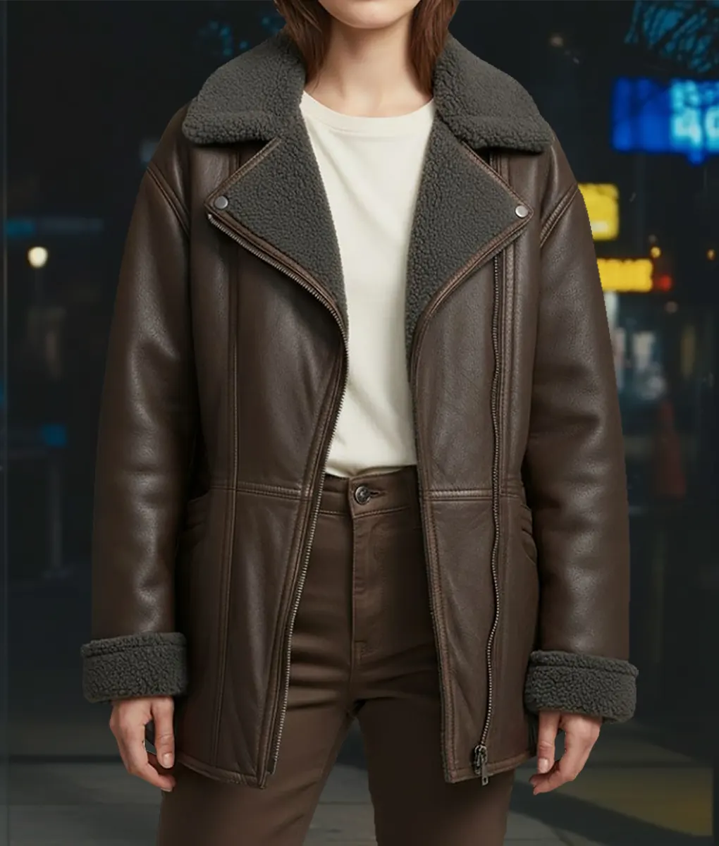 Ella McCay Movie Emma Mackey Shearling Aviator Jacket - Front