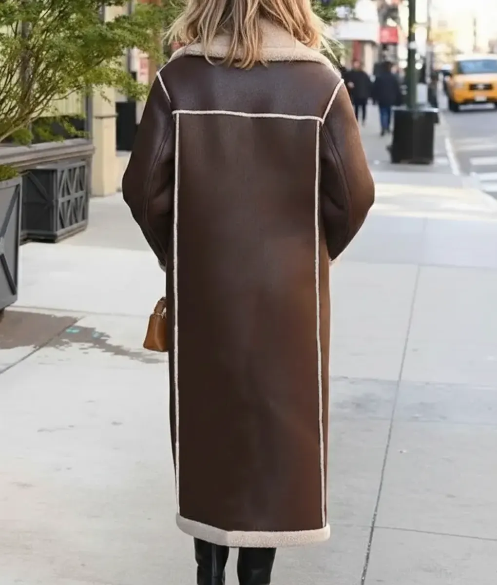 Gigi Hadid Shearling Brown Leather Trench Coat - Back