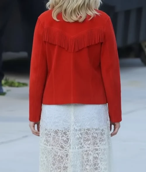 Margo’s Got Money Troubles Elle Fanning Red Fringe Jacket - Back