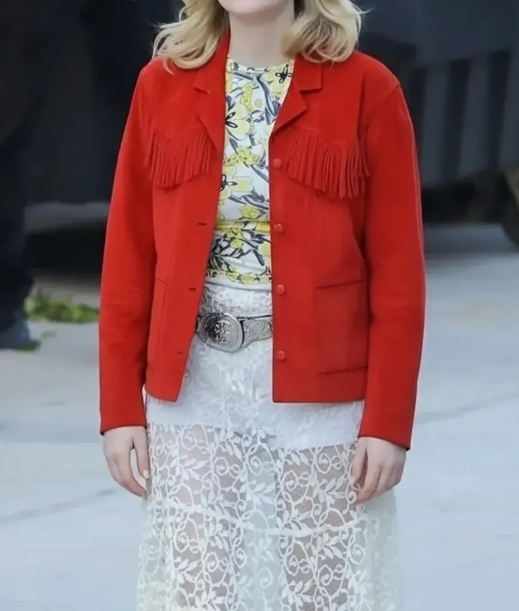 Margo’s Got Money Troubles Elle Fanning Red Fringe Jacket - Front