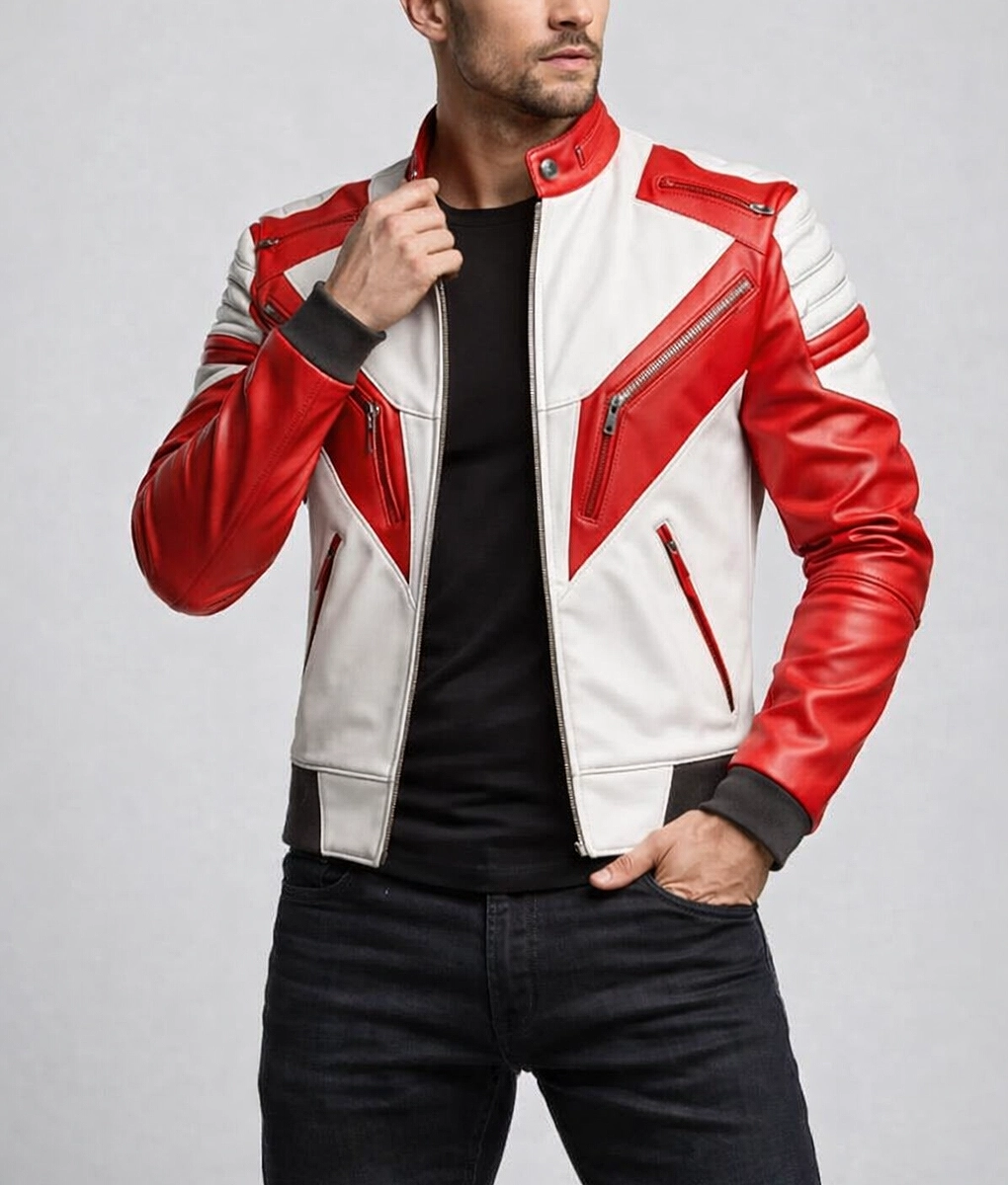 Men&rsquo;s Racer Red and White Biker Leather Jacket-2