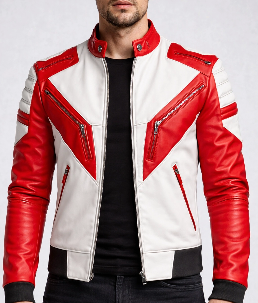 Men&rsquo;s Racer Red and White Biker Leather Jacket-5