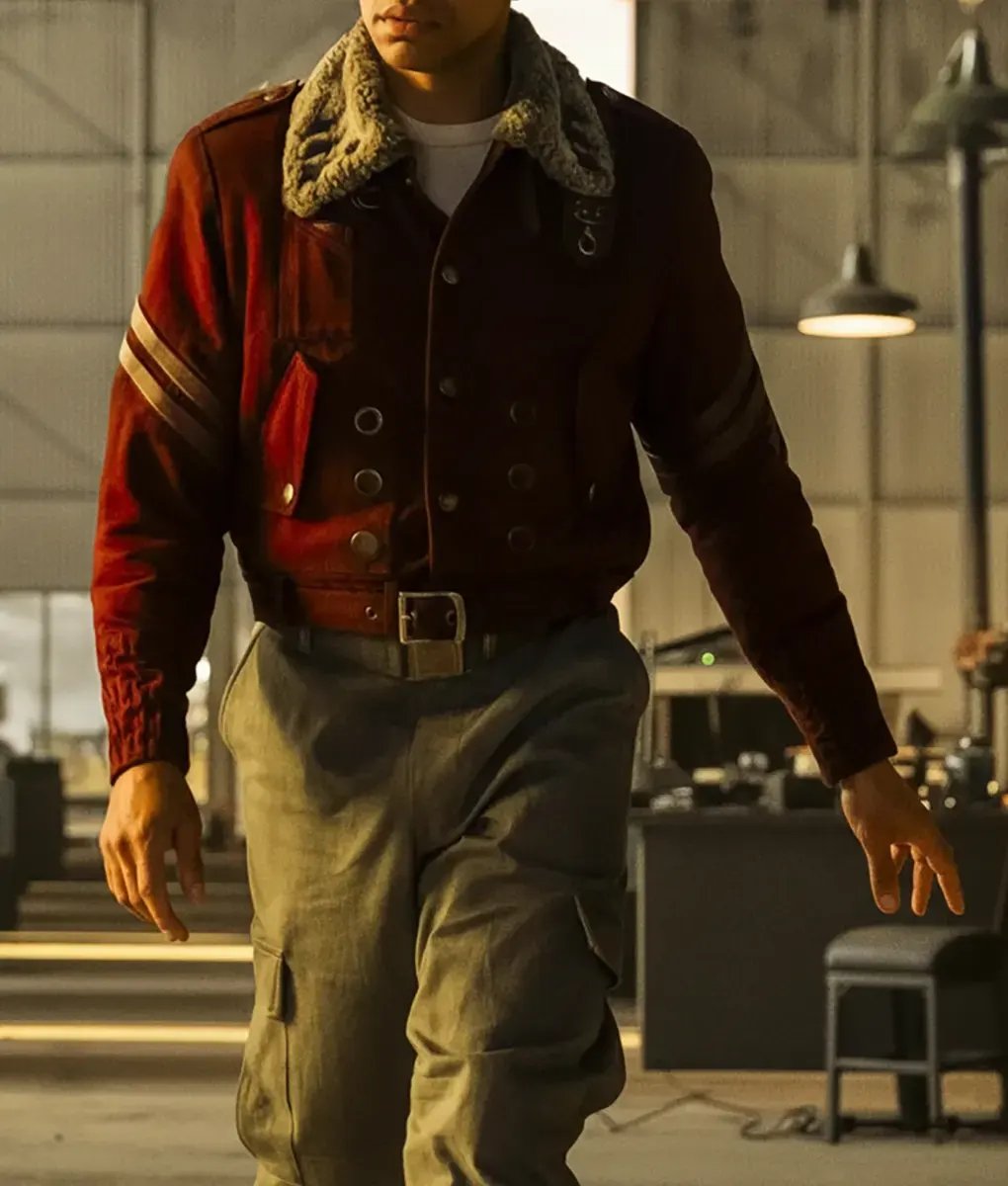 Aaron Moten Fallout S02 Maximus Red Suede Jacket - Front View