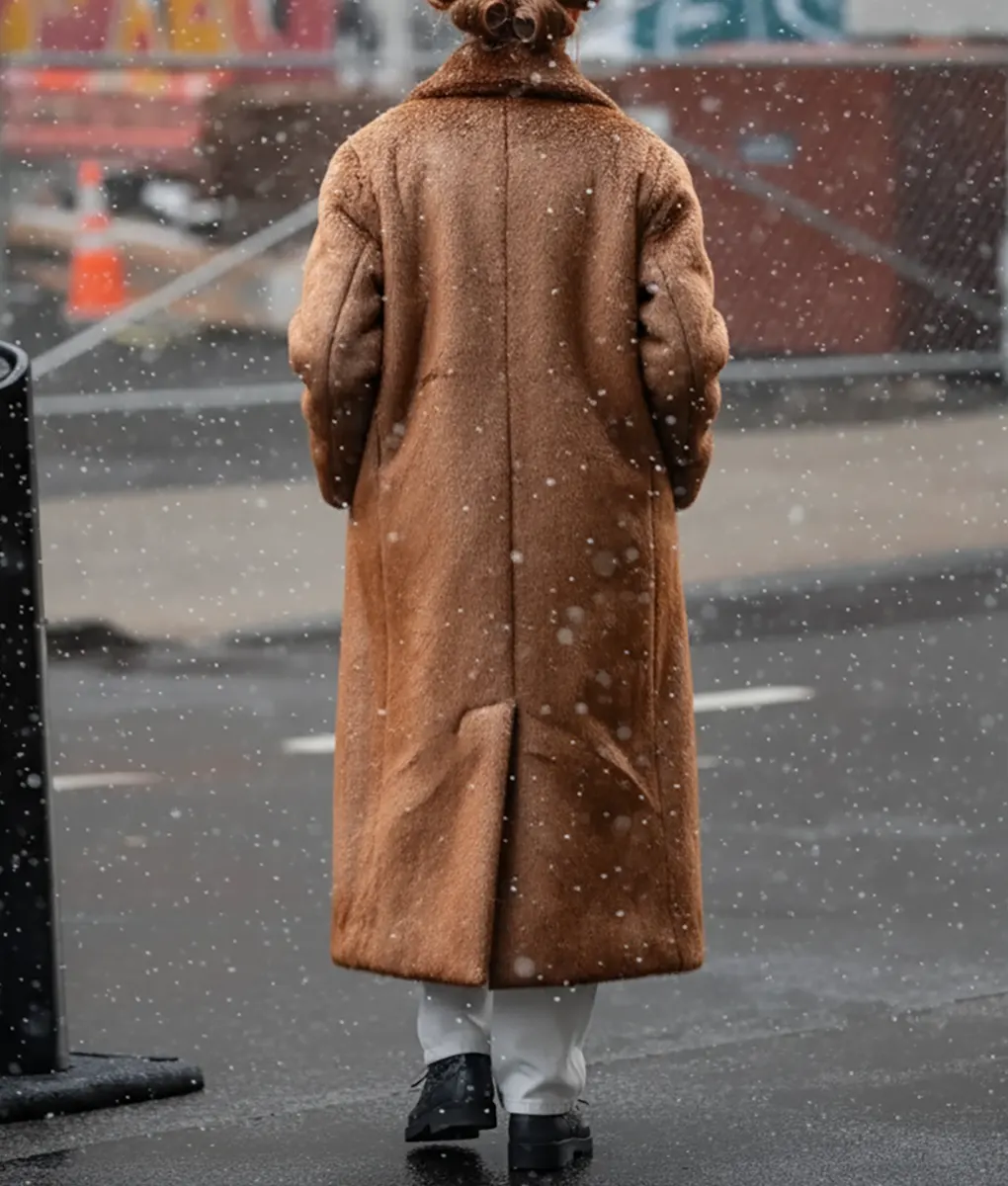 Bella Hadid Double Breasted Brown Fur Coat - Back
