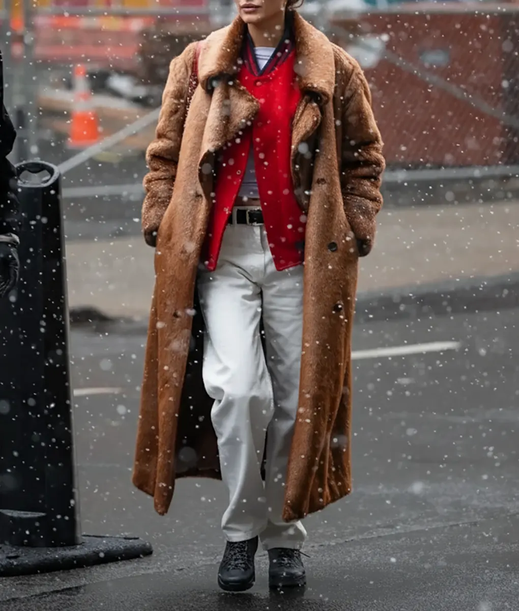 Bella Hadid Double Breasted Brown Fur Coat - Front