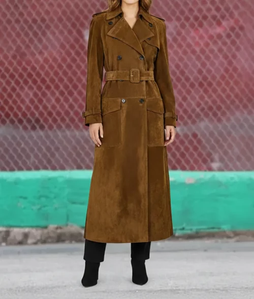 Here Comes The Flood Daisy Edgar-Jones Brown Suede Coat - Front