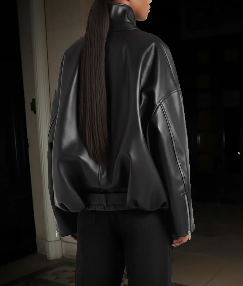 Lori Harvey Black Leather Bomber Jacket - Back