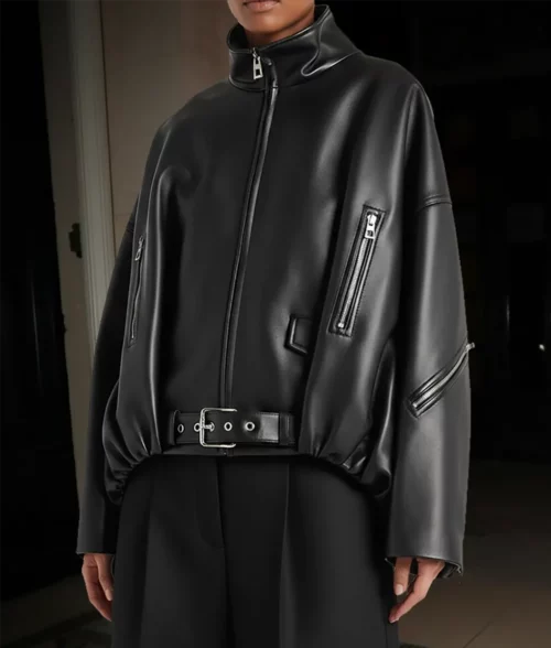 Lori Harvey Black Leather Bomber Jacket - Front