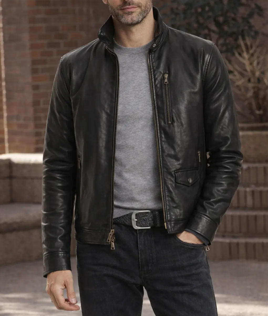 CIA Tom Ellis Black Leather Jacket - Front