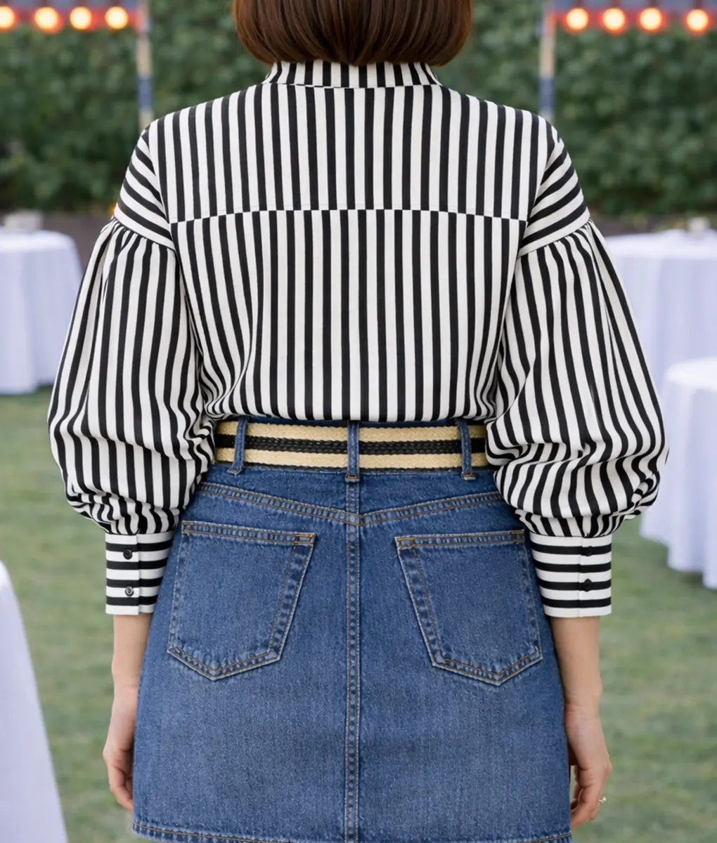 Emily In Paris S05 Lily Collins Striped Puff Sleeves Shirt - Back