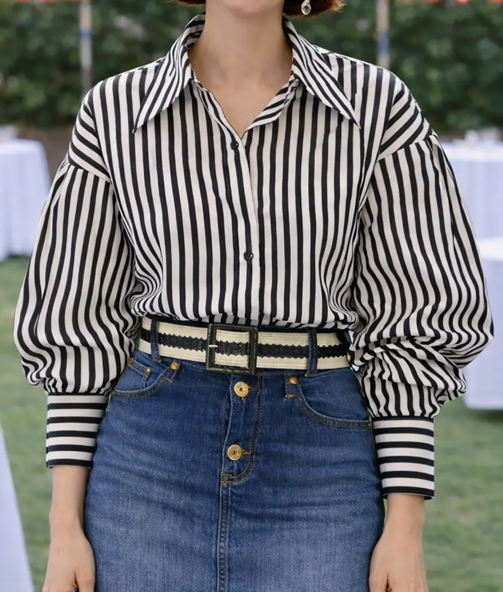 Emily In Paris S05 Lily Collins Striped Puff Sleeves Shirt - Front