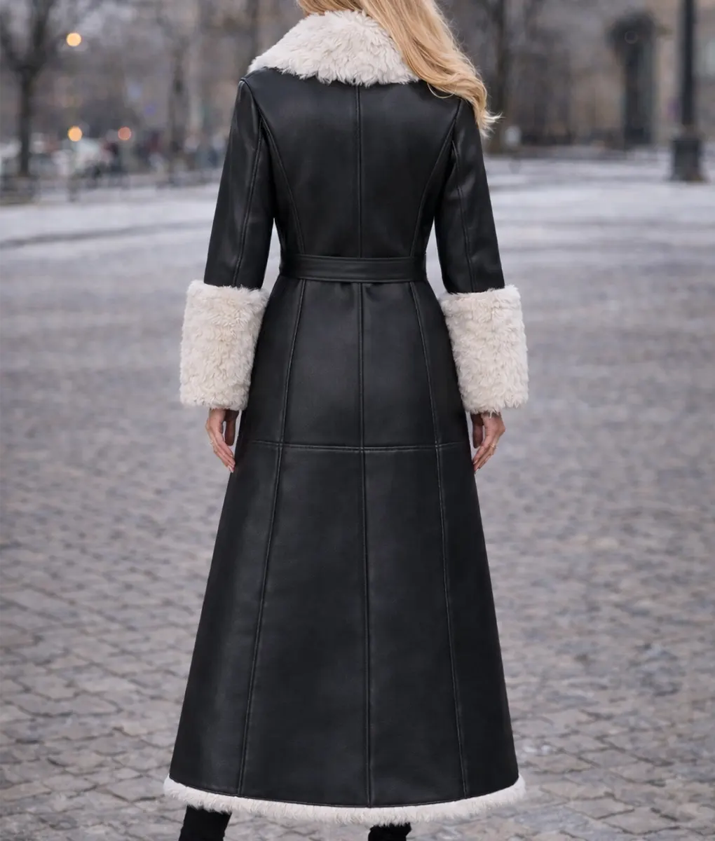 Arisbeth Womens Black Leather Fur Coat - Back