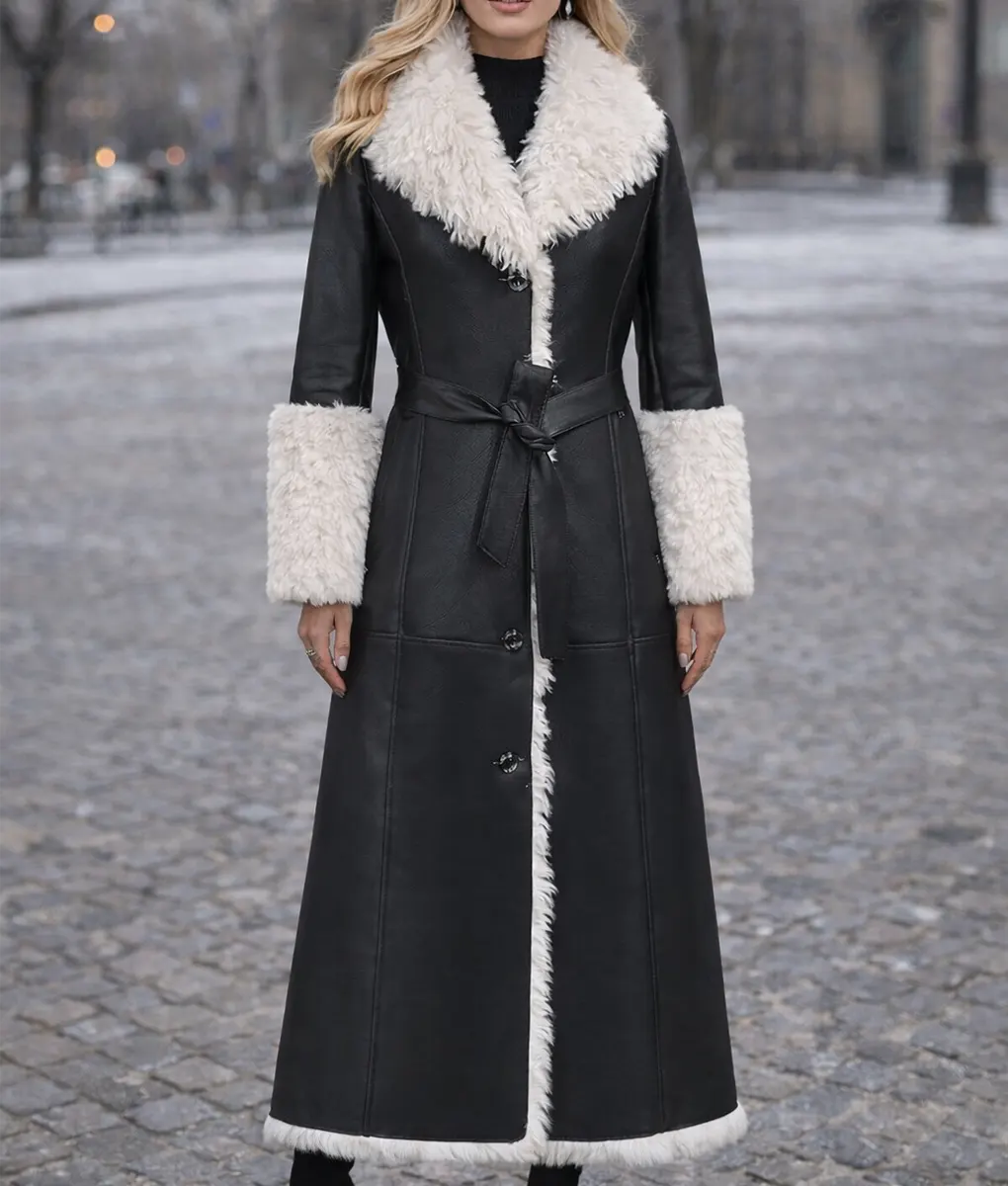 Arisbeth Womens Black Leather Fur Coat - Front